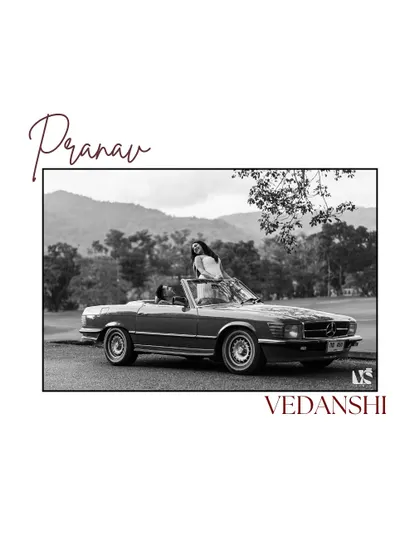 A classic black and white poster-style portrait of a couple with their vintage car in Thailand. The timeless edit and elegant typography give this pre-wedding photo a sophisticated, old-Hollywood feel.