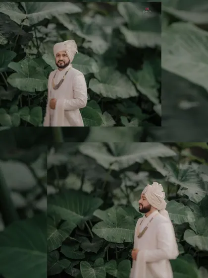 A collage of the groom's portraits, capturing him in a natural, green environment, looking both regal and relaxed.