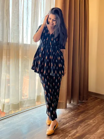 Our handloom Ikat co-ords are a summer essential. This black set is lightweight, comfy, and effortlessly chic, making it a wardrobe staple you won't want to miss.