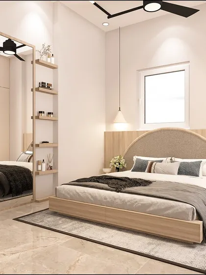 A guest room that blends Minimal European elegance with traditional charm. The design is clean and simple, with a beautiful arched headboard and light wood tones creating a welcoming atmosphere.