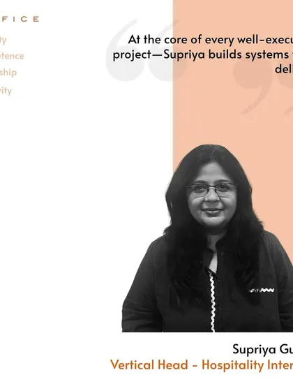 A graphic celebrating Supriya Gupte, our Vertical Head for Hospitality Interiors. Great architecture is never the work of one person; it is the result of collaboration, creativity, and the commitment of diverse minds like Supriya's.