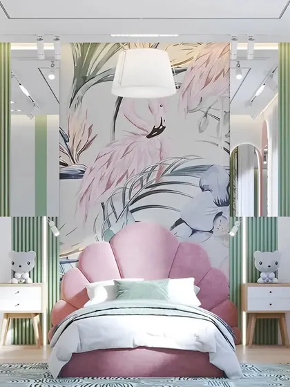 We designed this girl's bedroom with a flamingo and tropical leaf theme. The statement wallpaper behind the shell-shaped pink bed creates a vibrant focal point, while the green and pink color scheme makes the room feel fresh and fun.