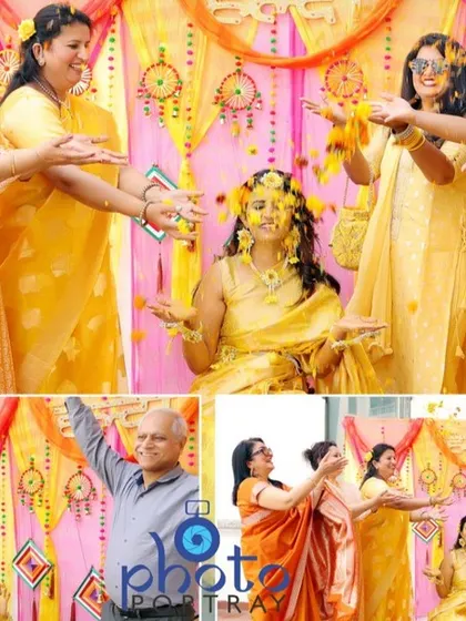 A dynamic album collage showing the fun and energy of the Haldi ceremony, with family showering the bride with flower petals.
