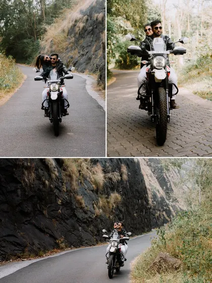 A collage showing a couple's adventurous motorcycle ride through the mountains.