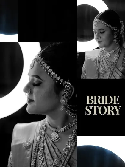 A modern, graphic "Bride Story" collage in black and white, using a ring light to create a high-fashion and dramatic effect.