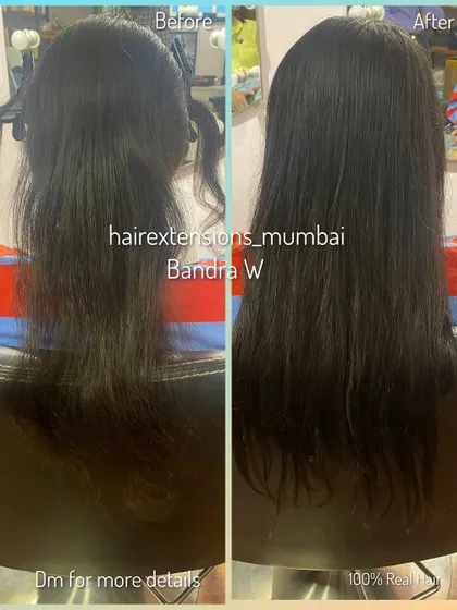 A clear before and after of a permanent extension service. We added several inches of length for a seamless, natural-looking result.