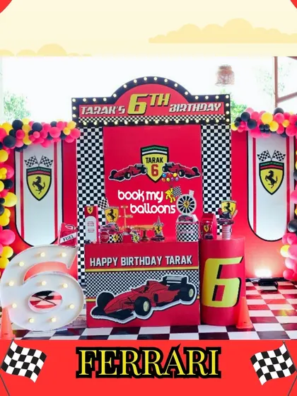 We went full throttle for Tarak's sixth birthday with this Ferrari racing theme. The decor featured the iconic red and yellow colors, checkered flags, and the Ferrari logo for a high-octane celebration.