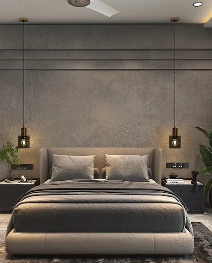 This bedroom design uses a concrete-finish texture on the wall with clean, linear grooves, creating a modern, industrial-chic look. The hanging pendant lights add a touch of warmth.