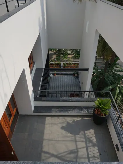 An overhead view of the multi-level terraces and courtyards, showing the complex interplay of open and covered spaces.