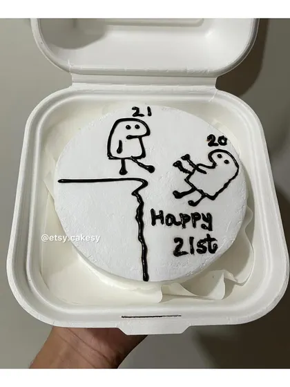 A funny meme-style bento cake for a 21st birthday.