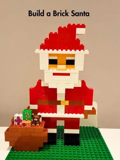 A detailed brick-built Santa with his sack of toys, one of the advanced projects at our winter camp.