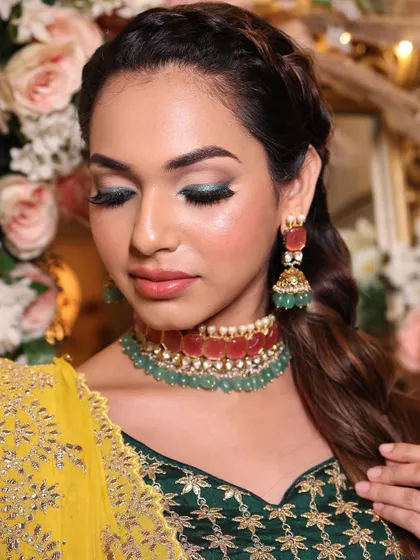 A close-up of the daring and chic green eyeshadow, blended to perfection.