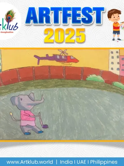 An elephant playing golf near a bridge while a helicopter flies overhead, a wonderfully imaginative scene by a junior artist.