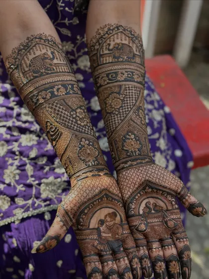 The full view of the arms, showcasing a story that unfolds from the palms to the elbows, filled with personal and traditional Indian art.