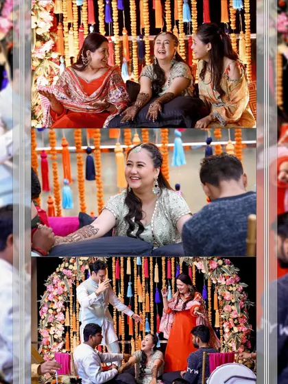 A collage of candid moments from a Mehendi, showing the bride laughing with her friends and family.