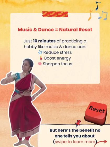 Music and dance are a natural reset button. Just 10 minutes of practice can reduce stress, boost energy, and sharpen your focus, helping you break the cycle of monotony.
