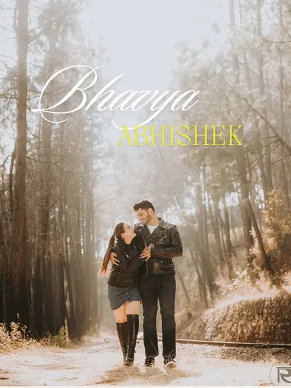 A full-length shot of the couple on the forest railway tracks, capturing their journey together. This image showcases a popular pre-wedding concept in a beautiful Himachal location.