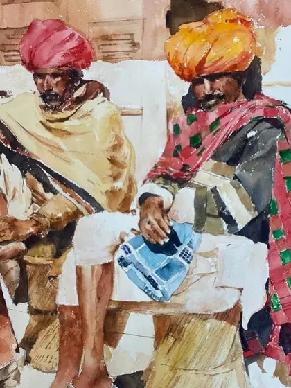 The full watercolor artwork 'Sun and Sand'. It's a testament to the beauty of traditional Indian life, captured with the delicate touch of watercolor.
