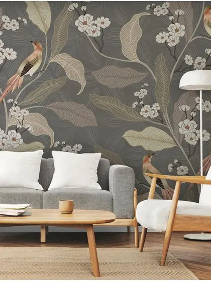 This elegant wallpaper features birds and blossoms on a dark, textured background. It's a sophisticated design that works beautifully as an accent wall in a living room or study.