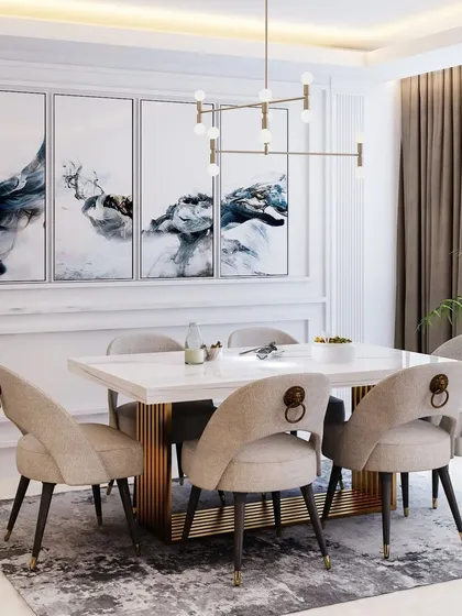 A formal dining room with a sophisticated neutral palette. The large abstract paintings and modern chandelier serve as the main focal points.