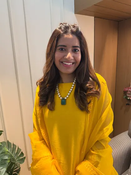 Another angle of this lovely Haldi guest look. The hairstyle is versatile and would work for many different traditional outfits.