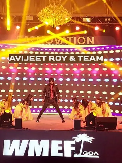 The full stage setup for the WMEF event in Goa. The branding on the stage and the grand lighting show our experience with high-profile corporate forums.