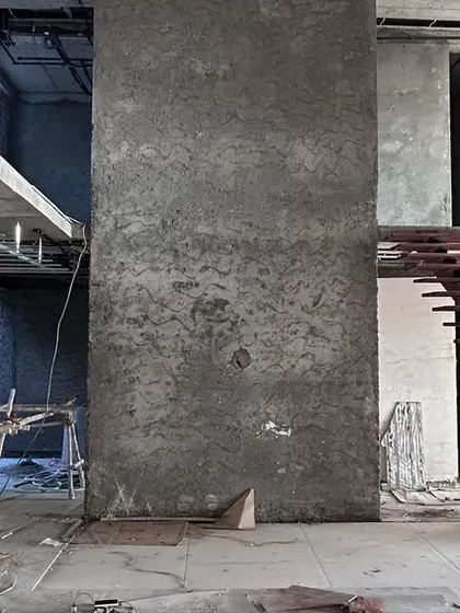 The Marvel Media office reception under construction. This image shows the reality behind the render, with the core structural elements and staircase in place before the final finishes are applied.