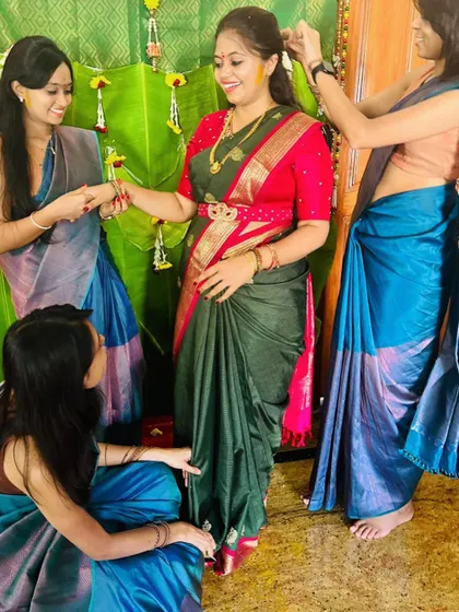 A candid moment of friendship and celebration during the bride's Haldi ceremony.