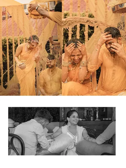 The fun and chaos of a Haldi ceremony! This collage captures the playful tradition of dousing the couple, resulting in pure, unscripted laughter.