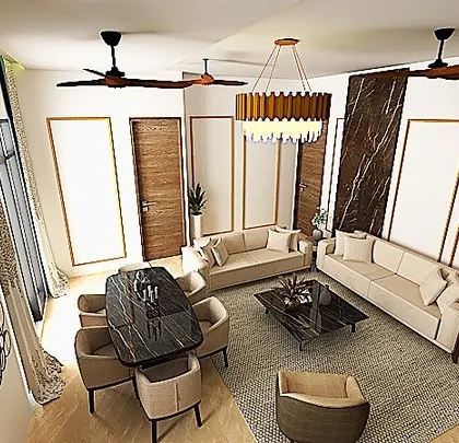 A top-down view of the proposed living room layout. This helps the client understand the space planning and the relationship between the seating area, dining table, and open kitchen.