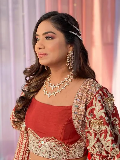 A close-up of Aanchal's stunning Haldi glam. The look is all about warm tones and a flawless finish.