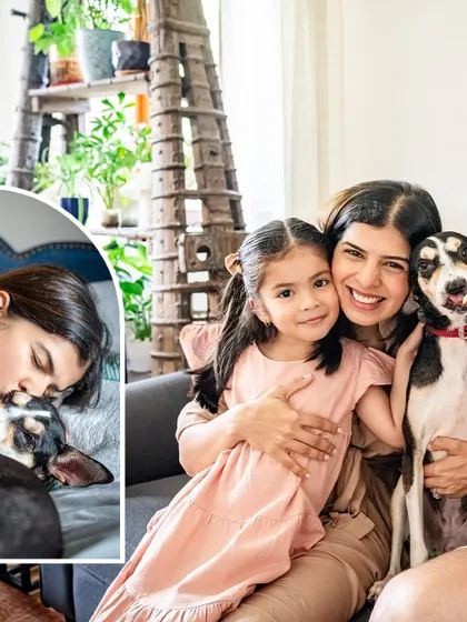 A collage showing the beautiful bond between a rescue dog named Choco and her new family, including two young girls.