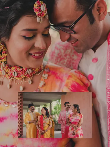 A collage showing the couple's tender moments and their happy interactions with family during the Haldi ceremony, a beautiful blend of romance and family love.