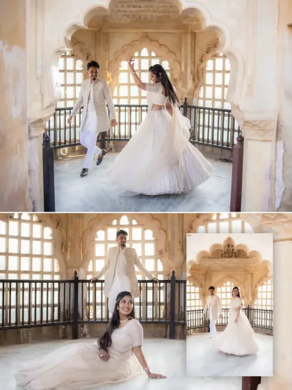 A playful and elegant series of shots inside a heritage building. We captured Ayush and Akshitha's fun-loving side as they danced and posed, using the light from the windows to create a beautiful, airy feel.