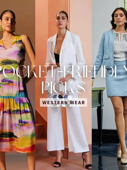 My pocket-friendly picks for Western wear. This collage showcases a variety of dresses, co-ord sets, and pantsuits from affordable Indian fashion brands.