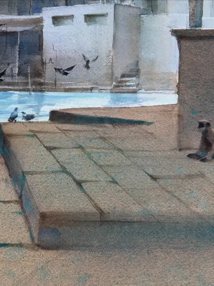 Another detail, focusing on the stone steps of the ghat and a monkey sitting quietly, observing the scene.