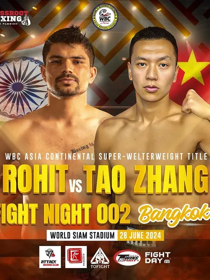 The official poster for a WBC Asia title fight in Bangkok, featuring our fighter from India against a boxer from China.