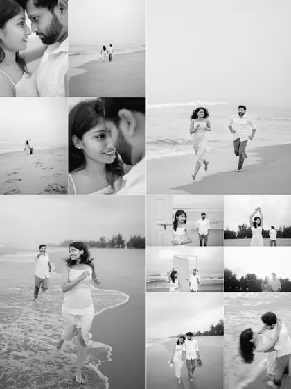 A comprehensive collage in black and white, telling the complete story of a day spent at Honnavara beach. It includes playful runs, intimate embraces, creative portraits, and every candid moment in between.