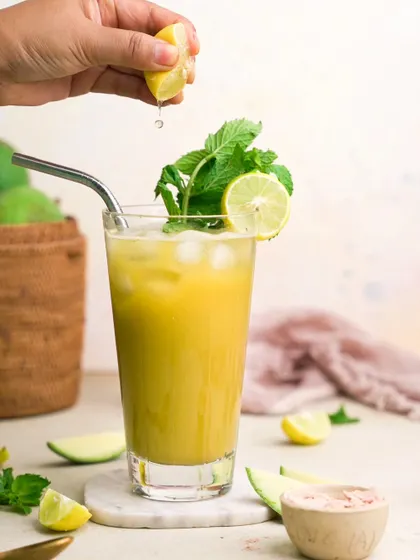 A refreshing shot of Aam Panna, created for a project with Satvic Movement, focusing on fresh, natural ingredients.