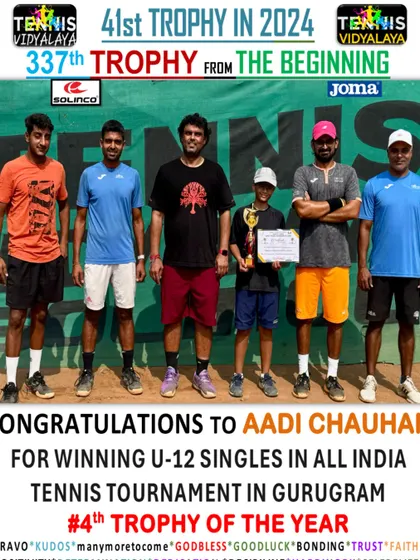 Aadi Chauhan winning the U-12 singles in an All India tennis tournament, his 4th trophy of the year.