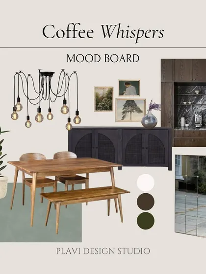 A mood board for our 'Coffee Whispers' project, establishing a cozy and harmonious aesthetic with earthy neutrals, warm wood tones, and soft off-whites. This is the visual starting point for the entire design.
