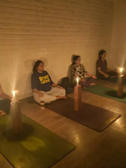 A close-up of our expecting mothers during Tratak meditation. Their focused gaze reflects the inner journey they are on, building mental strength and tranquility for the path ahead.