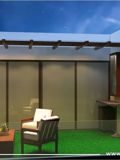 The terrace from our 'Traditional Contemporary' Pune project. It features a lush green lawn, comfortable outdoor furniture, and a vertical garden wall, creating a private oasis under the stars.