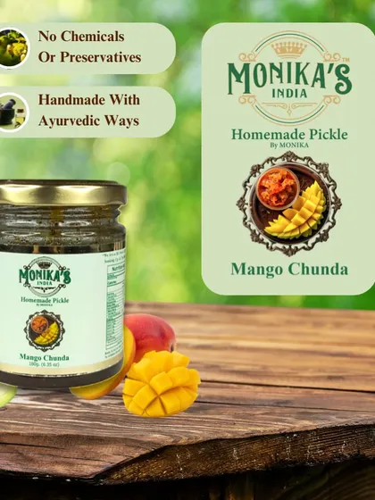 My Mango Chunda is also prepared with the same commitment to purity. It's a natural preserve, handmade with care to bring you an authentic sweet and tangy flavour without any artificial additives.
