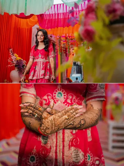 This collage highlights the beauty of the bride, Akshara, and the details of her Mehendi. The close-up of her intricate henna design is a key part of the story.