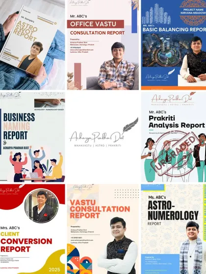 My services are not just conversations; they result in tangible, detailed reports that serve as a blueprint for your life and business. This collage showcases some of the professional, in-depth analyses I provide, including the Astro-SWOT, Prakriti Analysis, and Vastu Consultation reports. This is astrology and Vastu that makes sense.