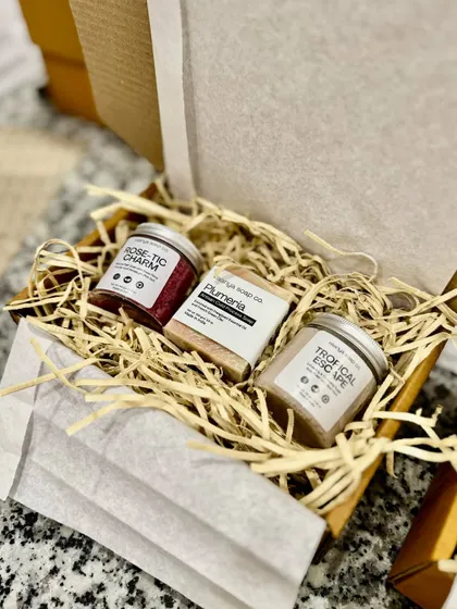 This custom gift set includes our Rose-tic Charm bath soak, Plumeria artisan soap, and Tropical Escape body polish. It's a perfect combination for a spa-like experience at home.