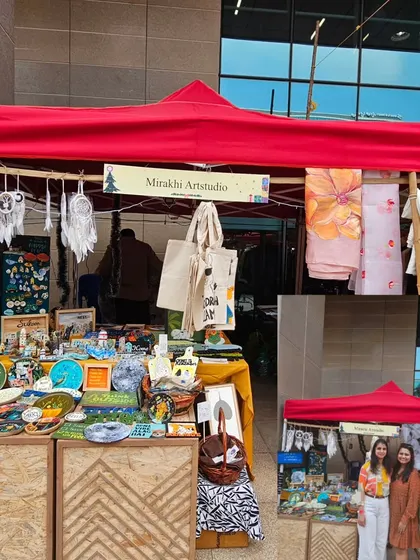 Our stall at the Sunday Soul Sante, ready for the day. We had a wide range of our products on display, from dreamcatchers and tote bags to our signature driftwood and moon art.