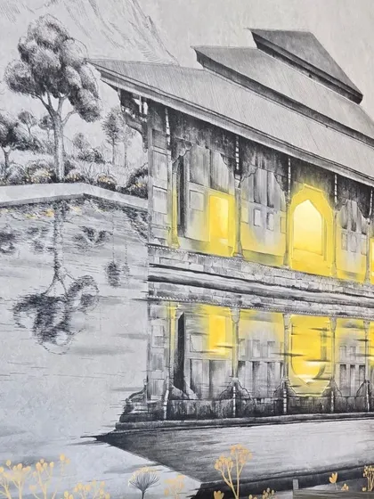 We also design and commission unique wall murals that can transform a space. This charcoal-style mural with glowing yellow windows adds an element of mystery and architectural beauty to the room.