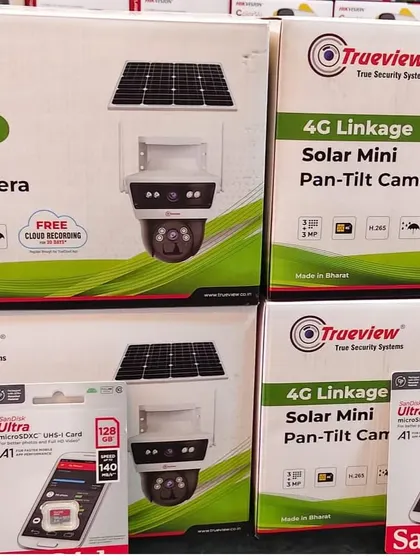 A complete off-grid solution. This shows the Trueview 4G solar-powered pan-tilt cameras paired with SanDisk memory cards for local storage, ensuring you never miss a thing.